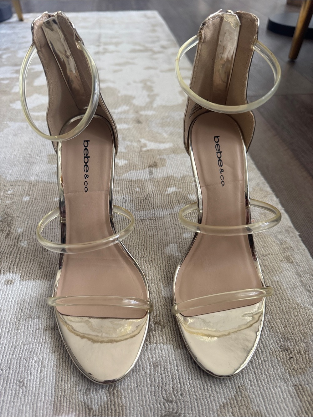 bebe Gold Metallic Heeled Sandals with Clear Hoop Straps